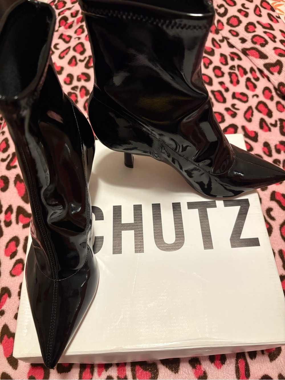 SCHUTZ Black Patent Pointed Stiletto Mid-Calf Boots
